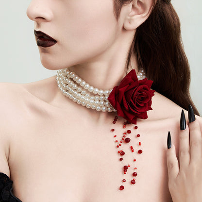 Halloween Dark Blood-Stained Pearl Beaded Necklace