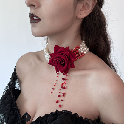 Halloween Dark Blood-Stained Pearl Beaded Necklace