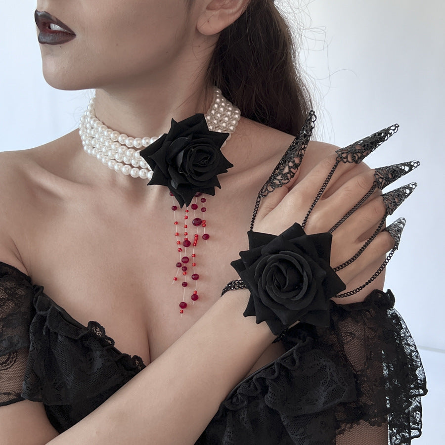 Halloween Dark Blood-Stained Pearl Beaded Necklace