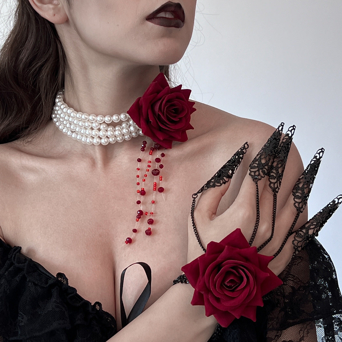 Halloween Dark Blood-Stained Pearl Beaded Necklace
