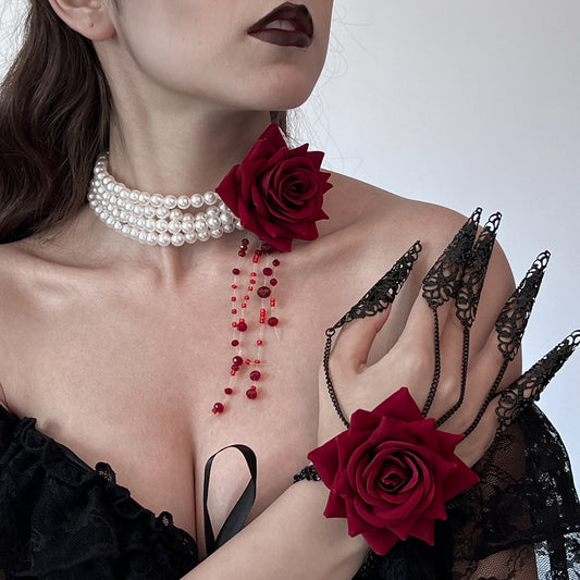 Halloween Dark Blood-Stained Pearl Beaded Necklace