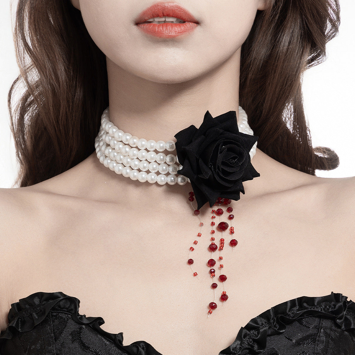 Halloween Dark Blood-Stained Pearl Beaded Necklace