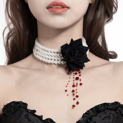Halloween Dark Blood-Stained Pearl Beaded Necklace